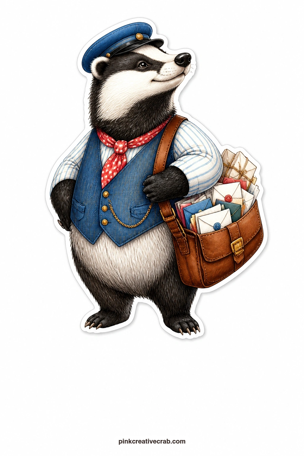 The Postman Badger printable page — Carrying his satchel stuffed with letters, this badger postman suits any card you send to someone who loves getting real
