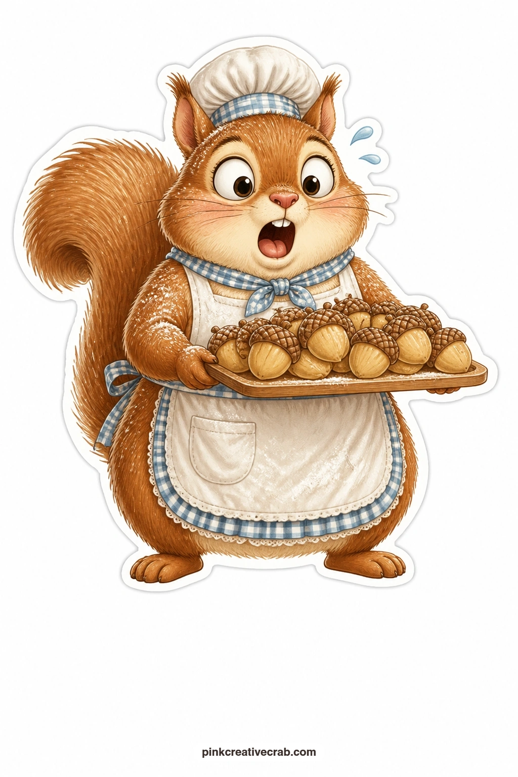 The Flustered Baker Squirrel printable page — Write a line like "a little nutty today" beside this flustered squirrel baker, her apron dusted with flour and