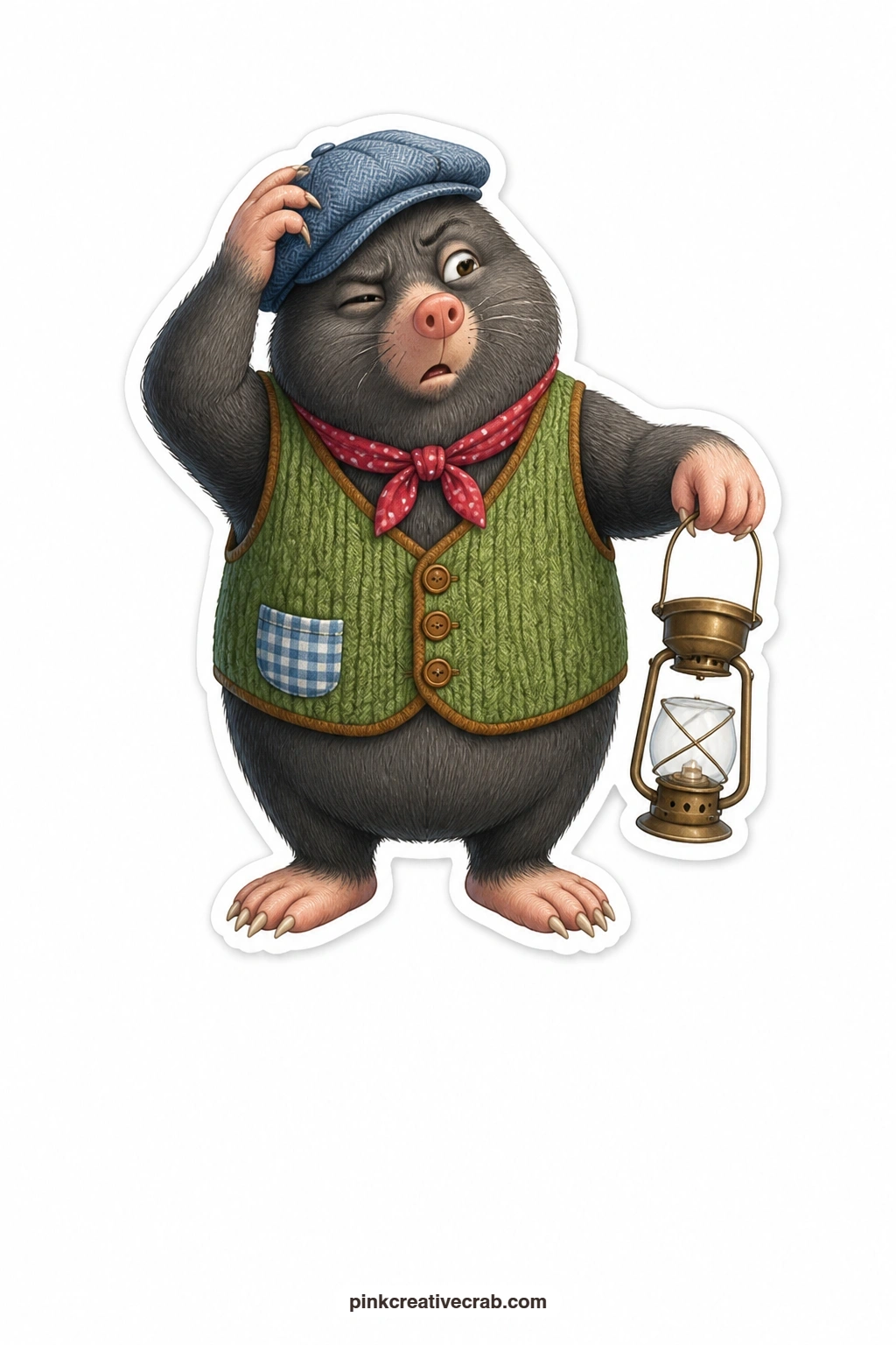 The Puzzled Mole Gardener printable page — Mount this puzzled mole gardener on foam dots so his lantern, held upside down without him noticing, lifts slightly