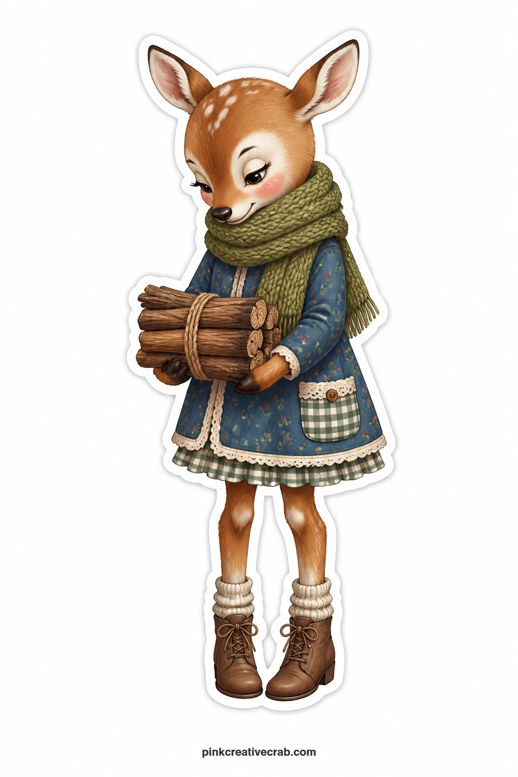 The Shy Deer With Firewood printable page — Anchor a cozy winter junk journal spread around this shy deer, scarf wound twice round his neck and a bundle of