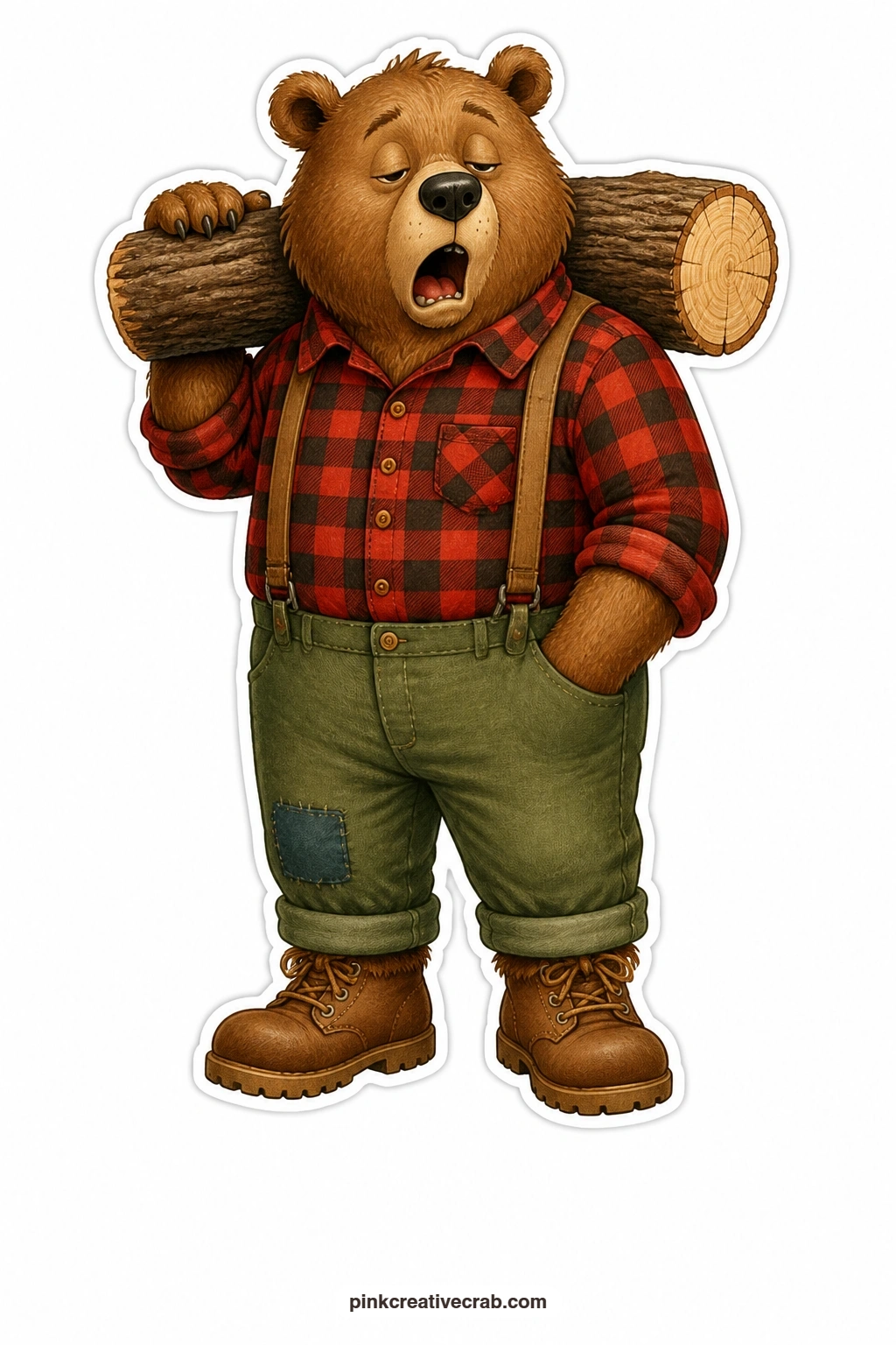 The Sleepy Bear Woodcutter printable page — Half asleep on his feet with a log balanced over one shoulder, this bear woodcutter makes a gentle gift tag for