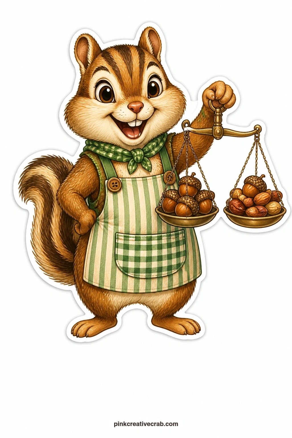 The Cheerful Chipmunk Shopkeeper printable page — Scales piled high with nuts balance in the paws of this cheerful chipmunk shopkeeper, perfect for a birthday
