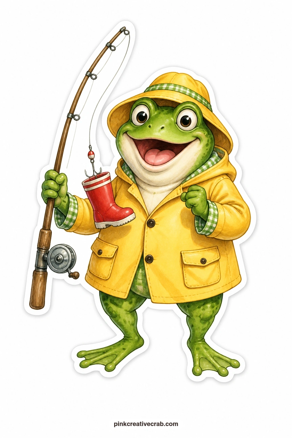 The Excited Frog Fisherman printable page — Reeling in a tiny boot instead of a fish, this excited frog fisherman in his yellow raincoat gives any card a