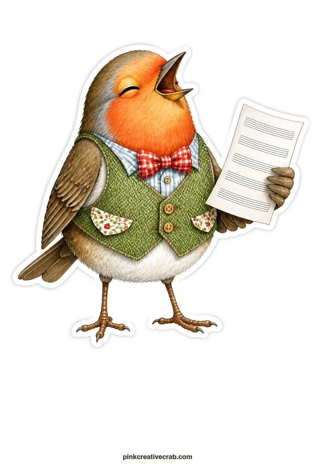 The Singing Robin printable page — Beak wide open mid-song and a blank sheet of music in hand, this robin pairs sweetly with the frog fisherman on a shared