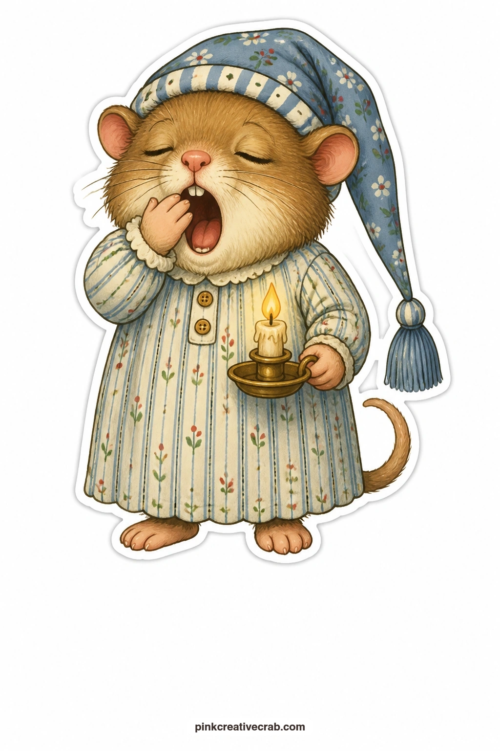 The Yawning Dormouse printable page — Candle in holder and nightcap slipping sideways, the yawning dormouse belongs on a bedtime card or a quiet thank you note