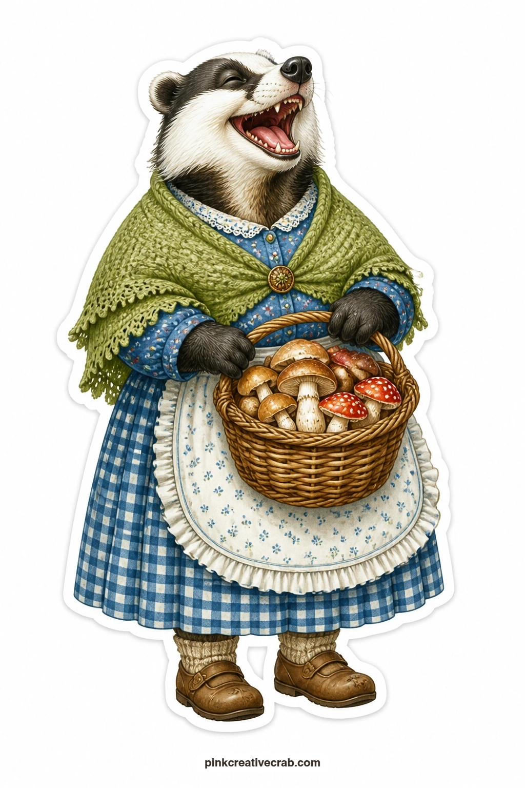 Badger Grandma and Her Mushrooms printable page — Head tipped back in a real laugh, shawl slipping off one shoulder, this badger grandma carries a basket
