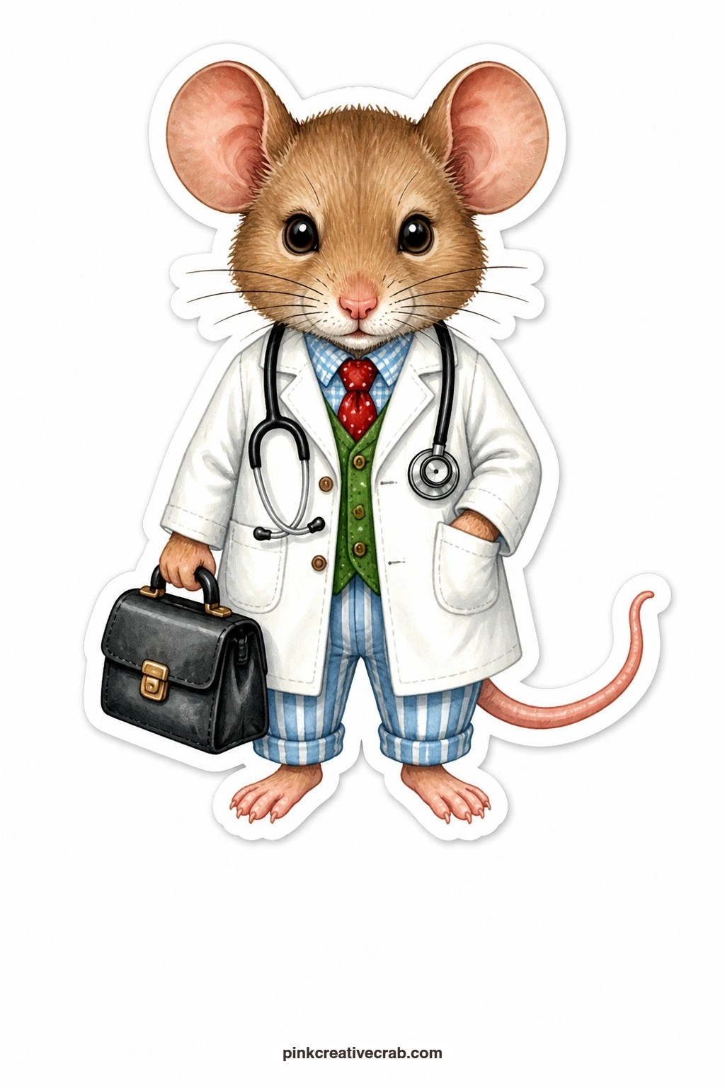 The Serious Mouse Doctor printable page — White coat buttoned to the collar, a tiny black bag swinging from one paw, this serious mouse doctor suits a get well
