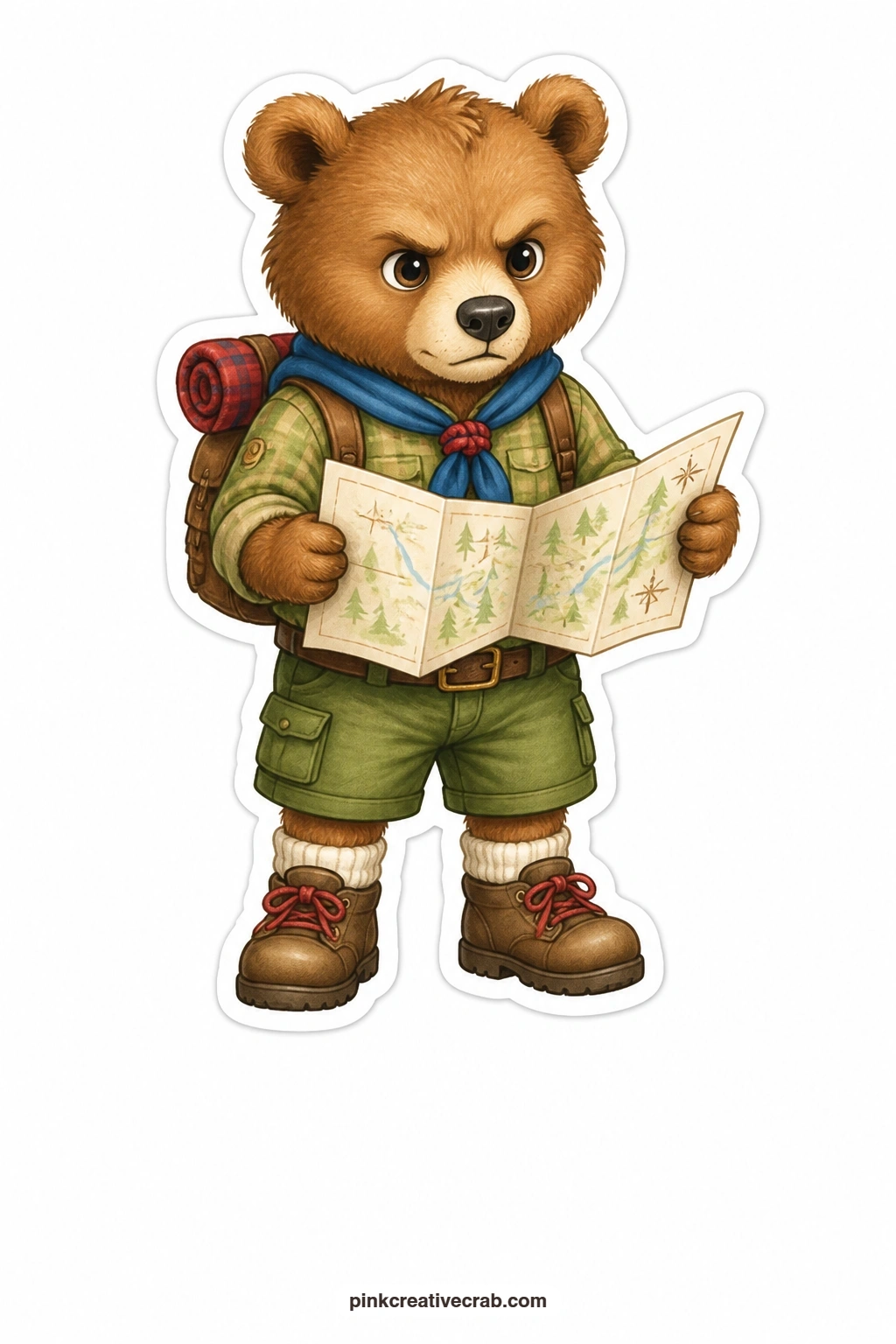 The Determined Bear Cub Scout printable page — Map unfolded and scarf knotted tight, this determined bear cub makes a fine card for a grandchild heading off to