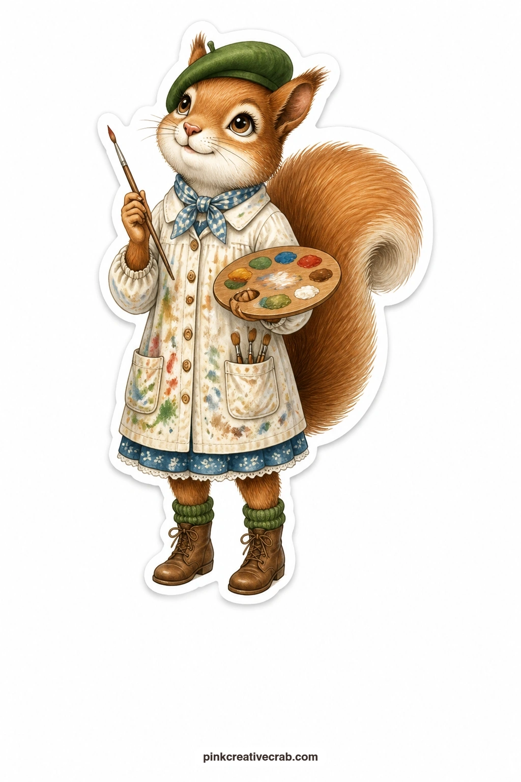 The Dreamy Squirrel Painter printable page — Beret tilted and eyes soft with daydreaming, this squirrel painter holds a palette dotted with color and a brush