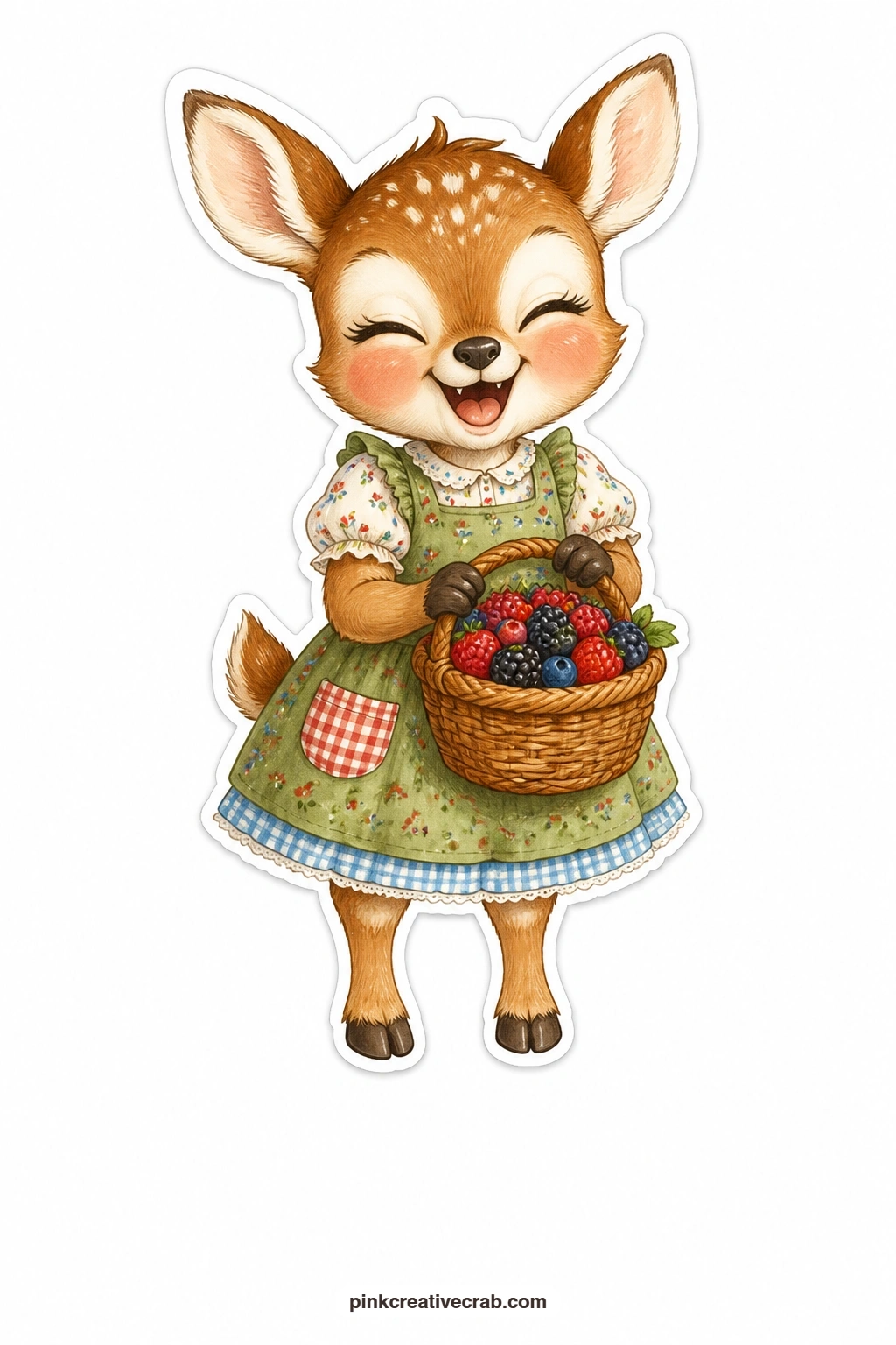 Giggling Fawn With Berries printable page — Carrying a basket of berries almost too heavy for her, this giggling fawn in a pinafore fills the five-minute