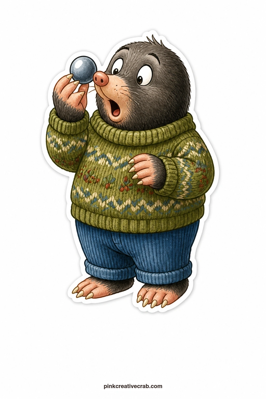 The Amazed Mole With a Pebble printable page — Eyes wide at a pebble that catches the light just right, this amazed mole in his knitted sweater gives any card