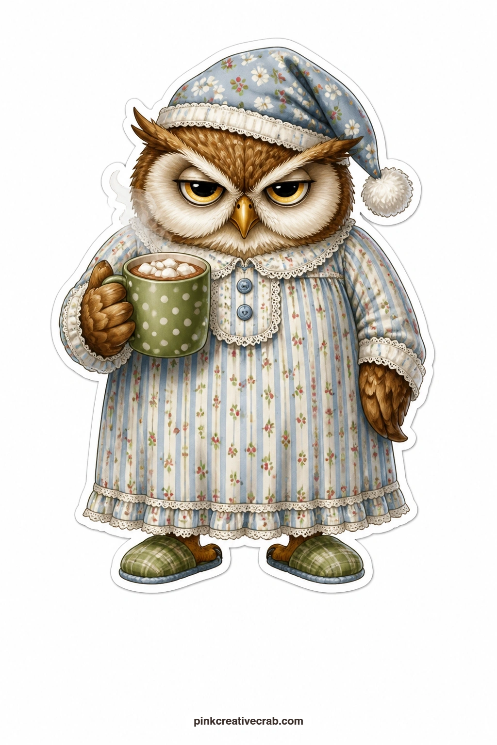 The Grumpy Owl in Her Nightgown printable page — Cocoa cup gripped tight and brow lowered in mock grumpiness, this owl in her nightgown works as the funny line