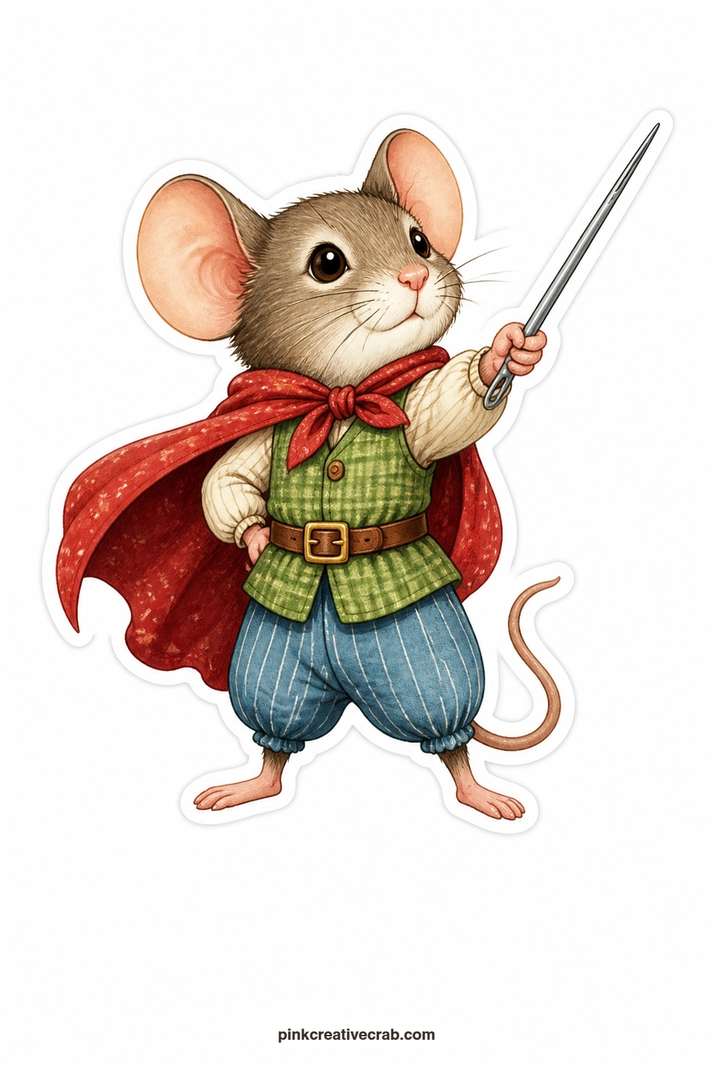 The Brave Mouse With a Needle Sword printable page — Red cape flying and a sewing needle held up like a tiny sword, this brave mouse makes a playful tag for a