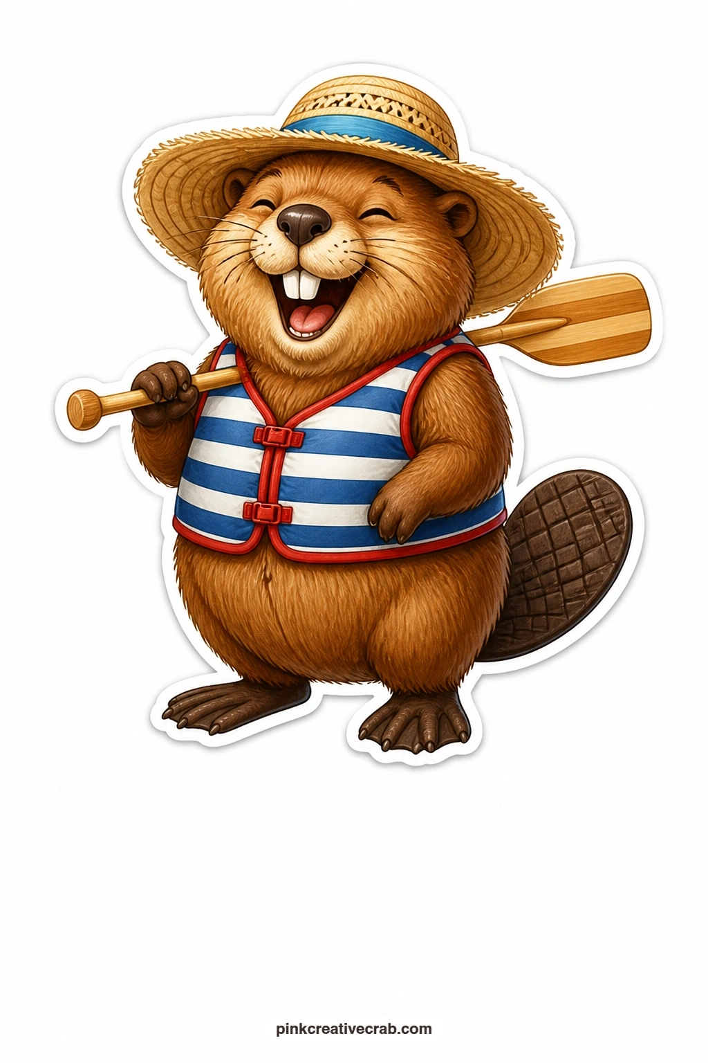 The Laughing Beaver in a Sun Hat printable page — Sun hat tipped back and a wooden paddle in hand, this laughing beaver closes out the village on a warm summer