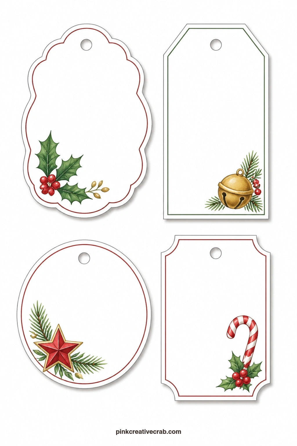 Holly and Star Tags printable page — Four tags open the set: a scalloped tag with a holly sprig in one corner, a luggage tag with a brass bell, a round tag