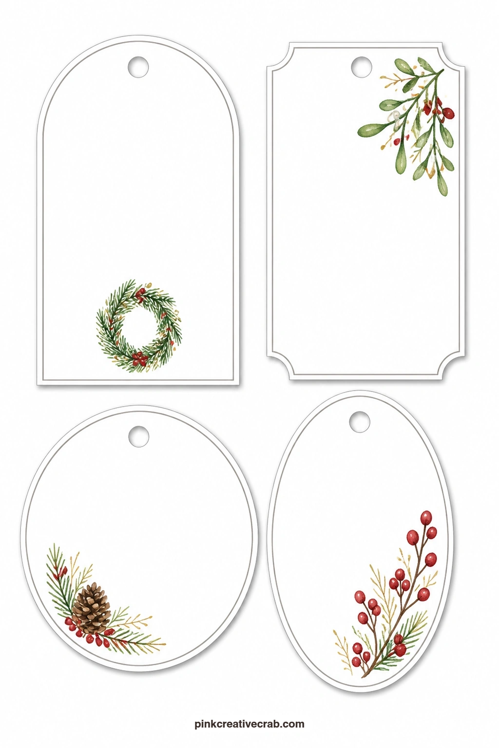 Wreath and Berry Tags printable page — An arched tag carries a tiny pine wreath, a rectangular label holds a sprig of mistletoe, a round tag has a single