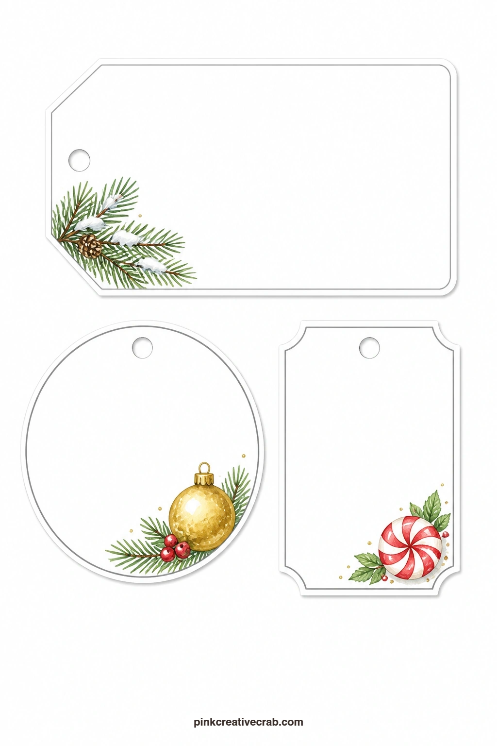 Fir and Mint Tags printable page — A luggage tag shows a snowy fir branch, a round tag carries a single gold ornament ball and a ticket label is finished with