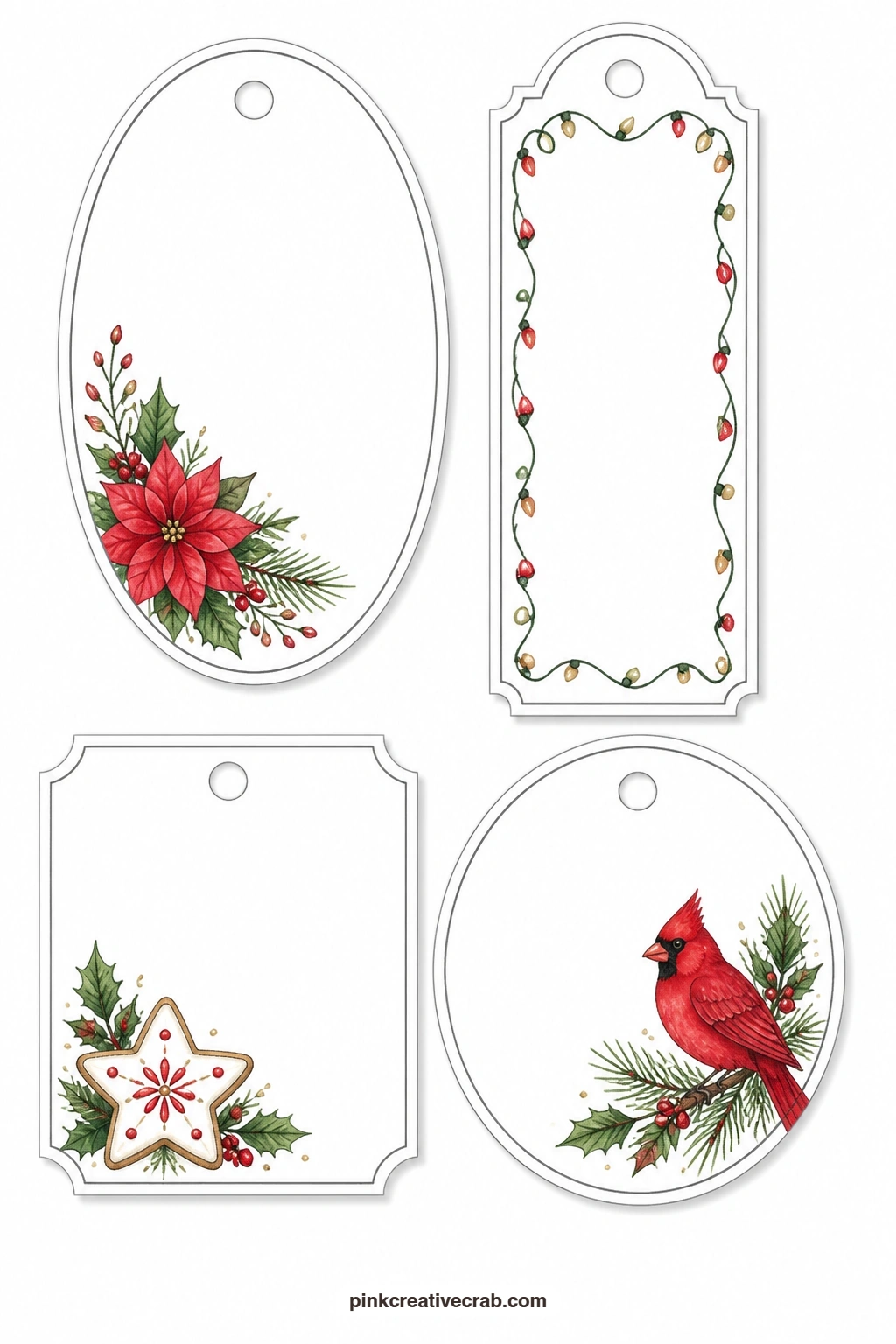 Garden and Cookie Tags printable page — An oval tag blooms with a poinsettia, a bookmark strip trails a garland of tiny fairy lights, a square tag shows a