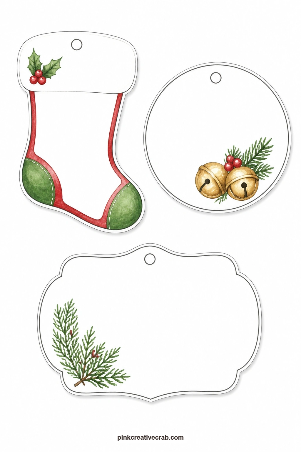 Stocking and Bell Tags printable page — A stocking-shaped tag shows a white cuff, a round tag carries two sleigh bells tied together and a scalloped label is