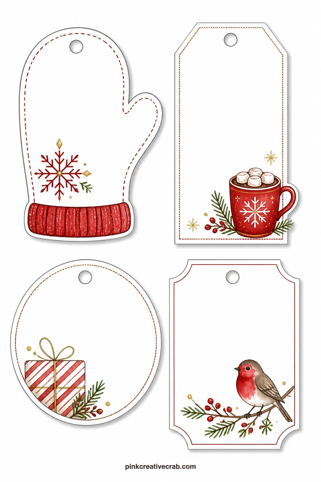 Mitten and Cocoa Tags printable page — A mitten-shaped tag carries a single snowflake, a luggage tag holds a steaming cocoa mug, a round tag shows a striped