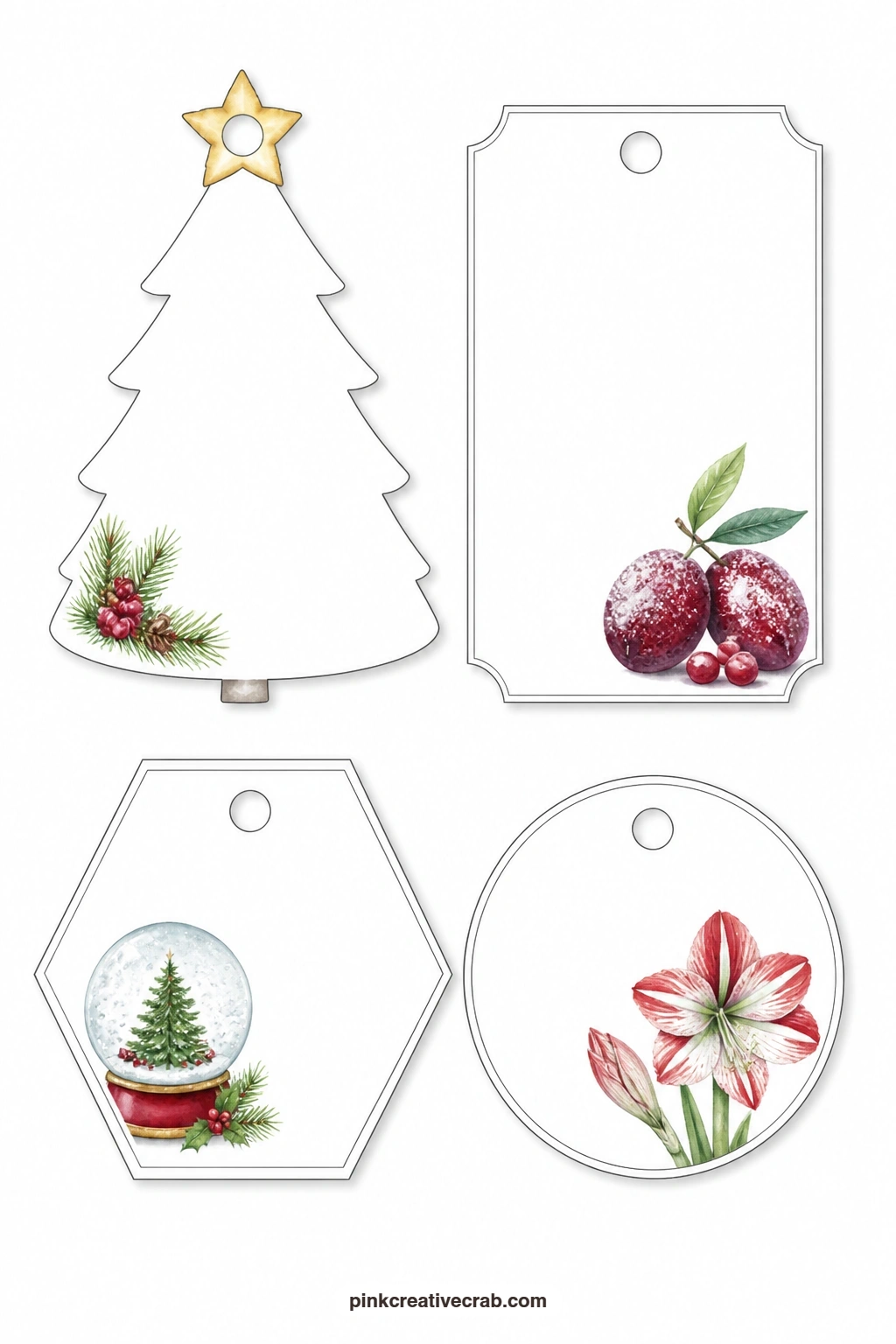 Tree and Plum Tags printable page — A tree-shaped tag wears a gold star on top, a rectangular label shows a dish of sugared plums, a hexagon tag frames a tiny
