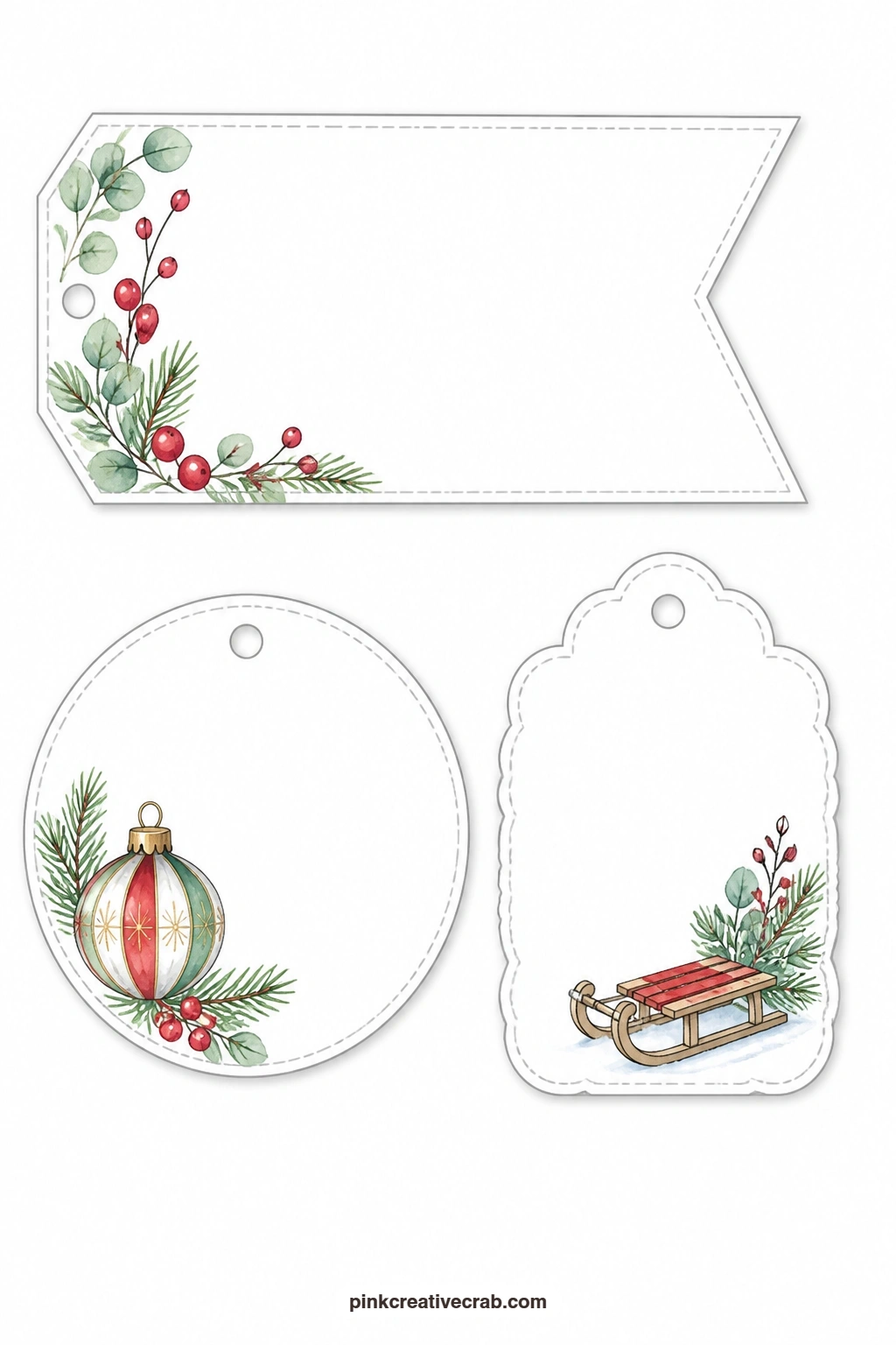 Bauble and Sled Tags printable page — A banner label carries a sprig of eucalyptus and berries, a round tag shows a vintage glass bauble and a scalloped tag is