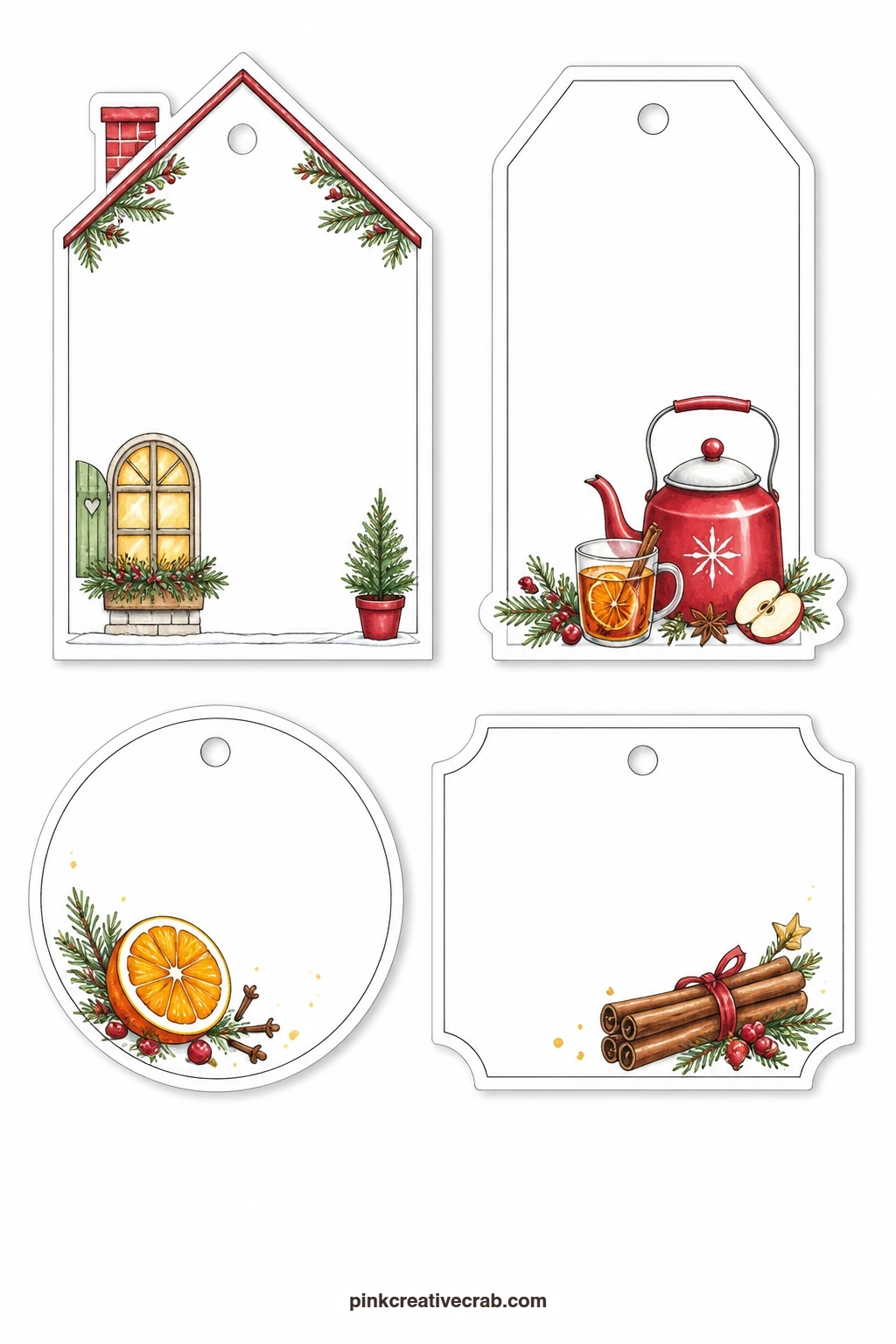 Cider and Spice Tags printable page — A house-shaped tag has one lit window, a luggage tag holds a kettle of mulled cider, a round tag shows an orange slice