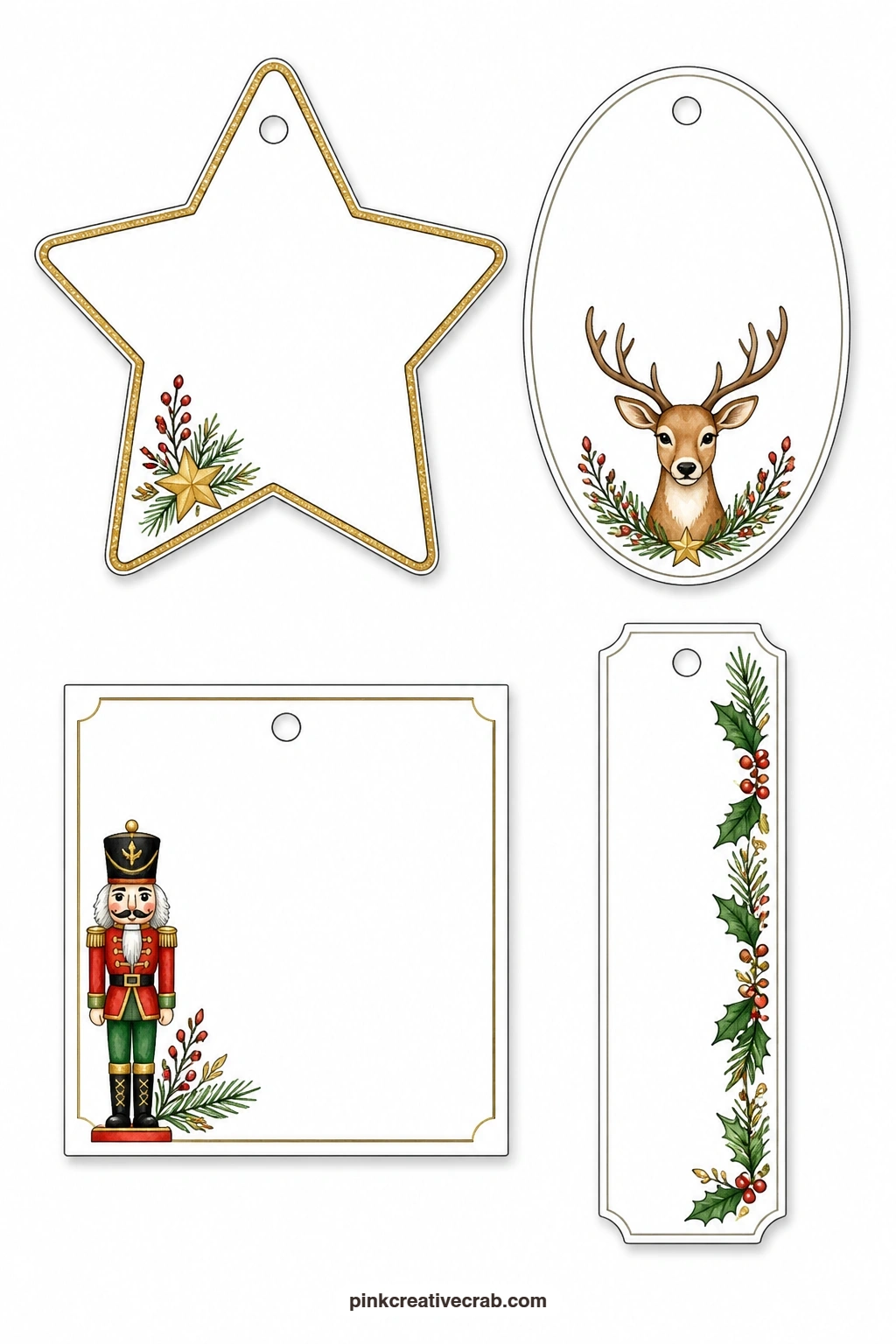Star and Nutcracker Tags printable page — A star-shaped tag has a gold glitter edge, an oval tag shows a reindeer head, a square tag carries a nutcracker