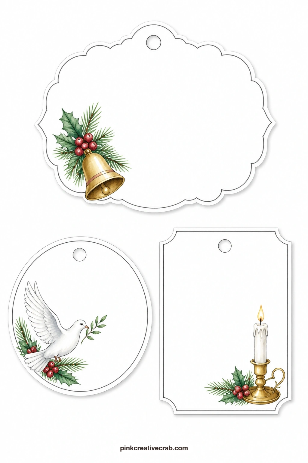 Bell and Dove Tags printable page — A scalloped label shows a church bell, a round tag carries a white dove and a rectangular label is finished with a candle