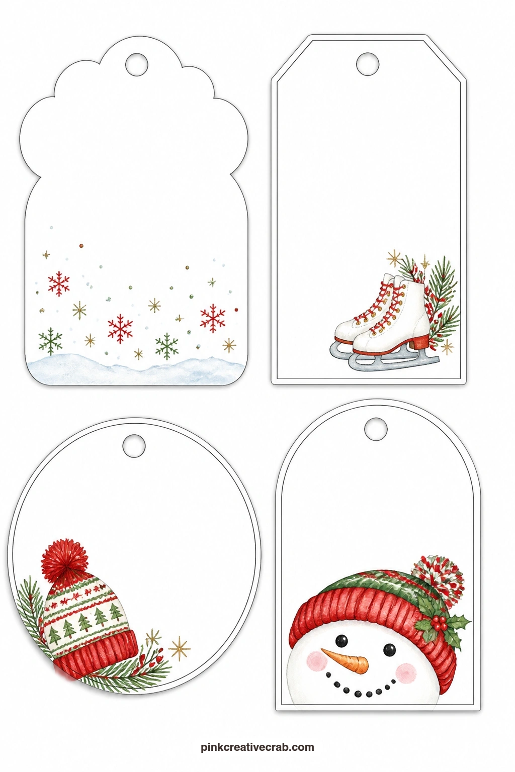 Snow and Skate Tags printable page — A cloud tag has falling snow drifting across it, a luggage tag shows a pair of ice skates, a round tag carries a knitted