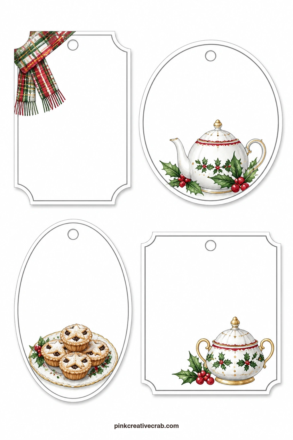 Scarf and Teapot Tags printable page — A ticket label shows a corner of plaid scarf, a round tag carries a holly-trimmed teapot, an oval tag holds a plate of