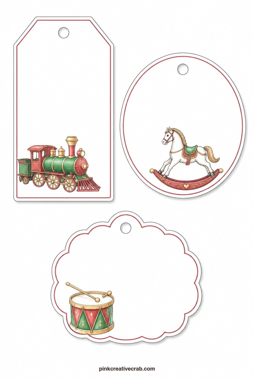 Train and Drum Tags printable page — A luggage tag carries a toy train engine, a round tag shows a rocking horse and a scalloped tag is finished with a little