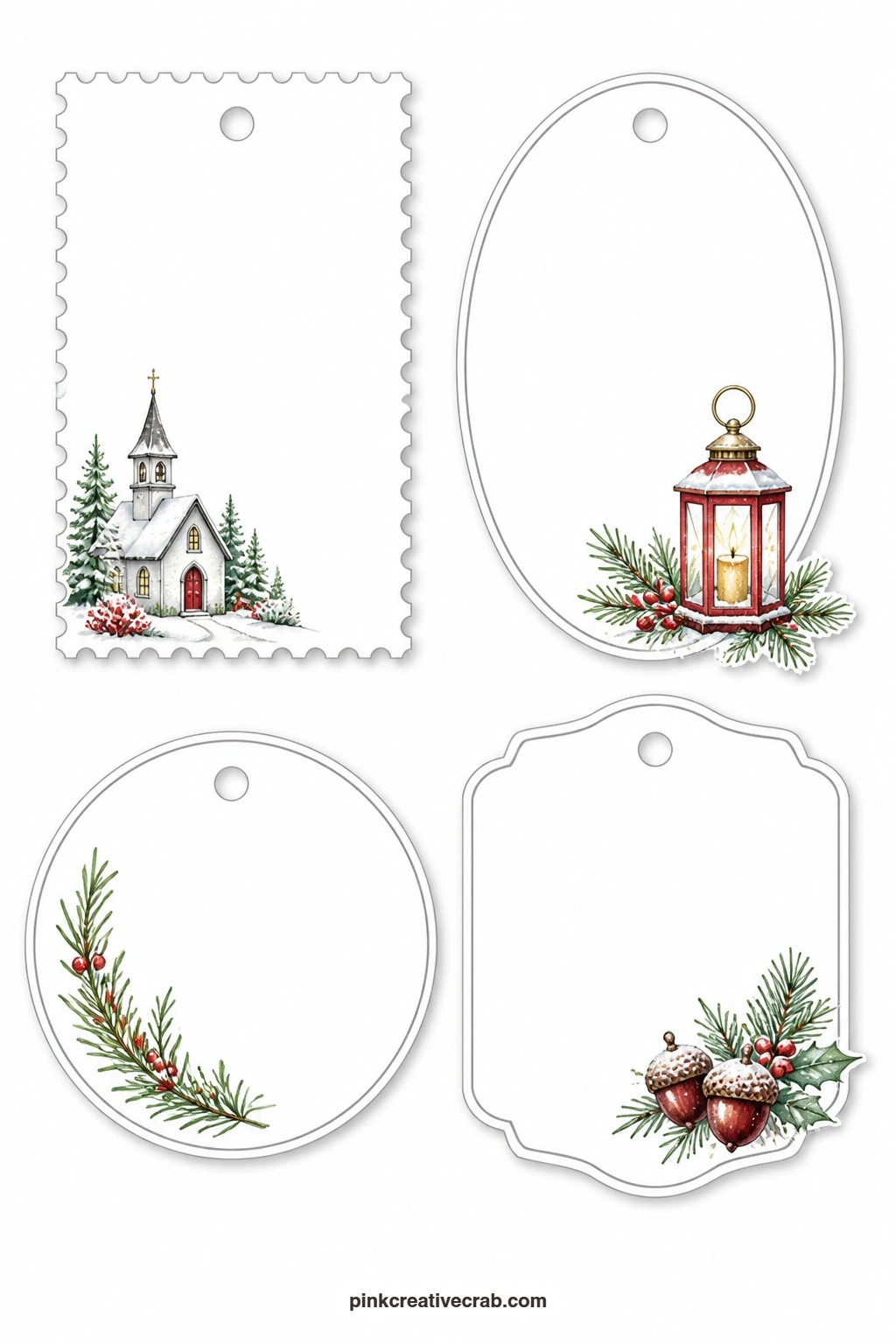 Chapel and Lantern Tags printable page — A stamp-edged label frames a snowy chapel, an oval tag holds a glowing lantern, a round tag carries a sprig of