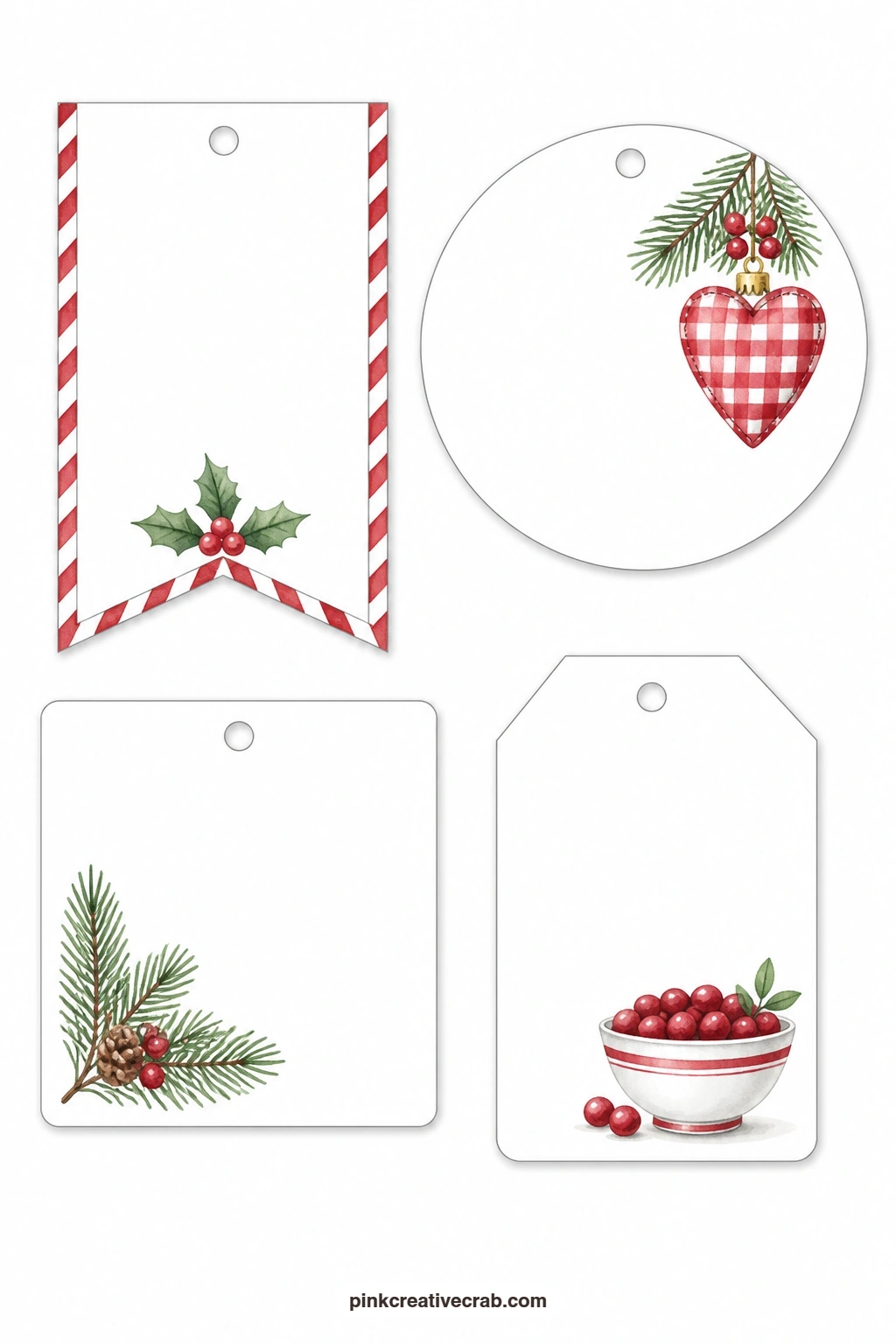 Flag and Bowl Tags printable page — A flag tag has a red and white striped edge, a round tag carries a gingham heart ornament, a square tag shows a simple pine