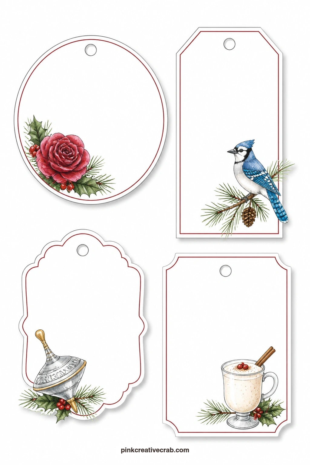 Rose and Eggnog Tags printable page — A circle label shows a Christmas rose, a luggage tag carries a blue jay perched on a pine twig, a scalloped tag holds a