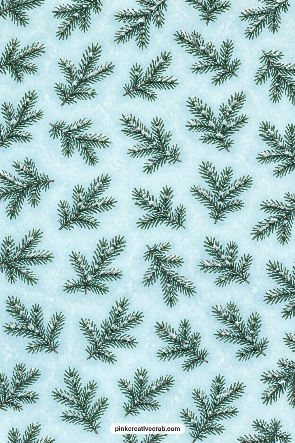 Spruce Branch and Snow Paper printable page — Spruce branches dusted with snow sit on pale blue and make a cold weather gift wrap that still feels soft rather