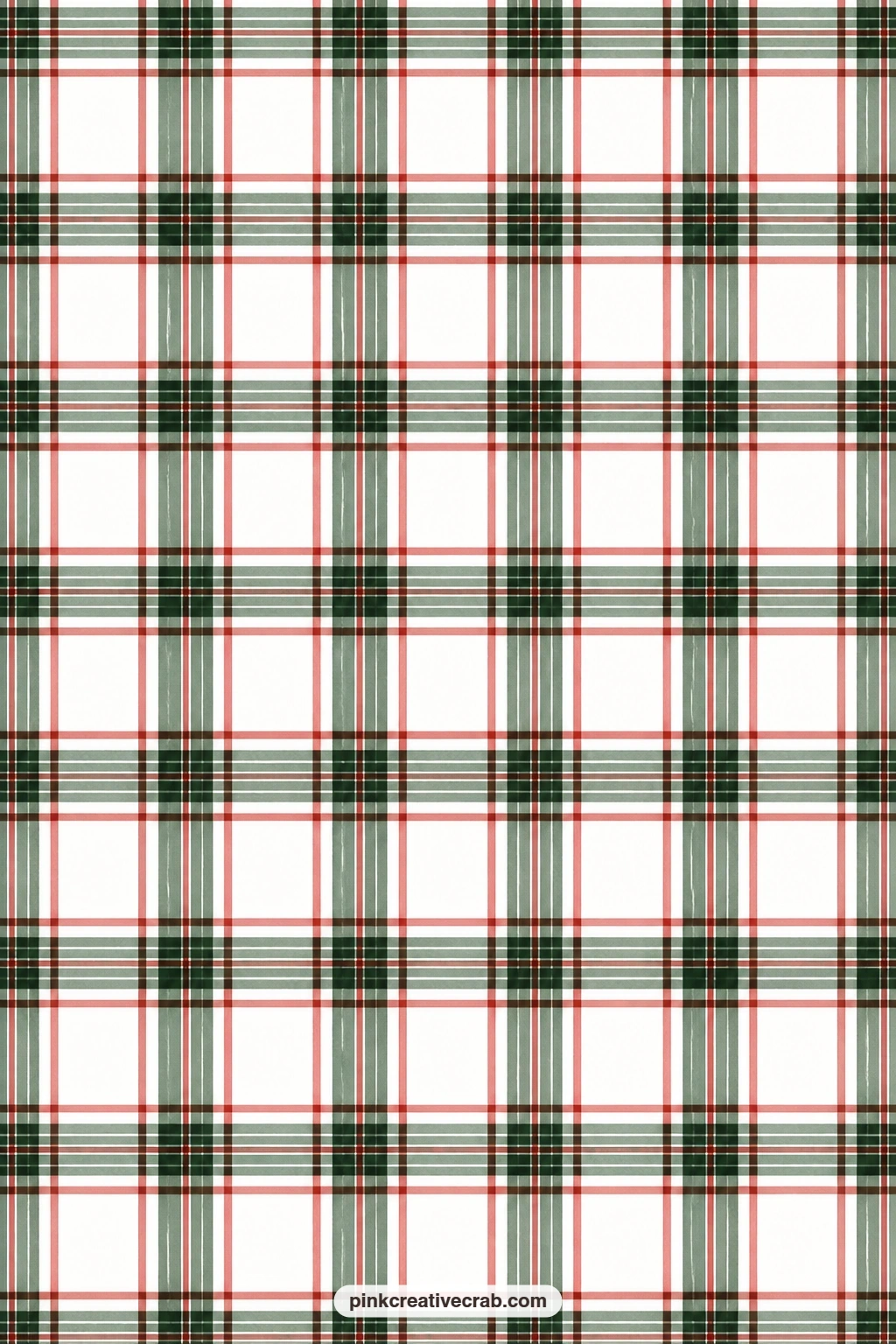 Red and White Tartan Paper printable page — A dark green tartan crossed with red and white lines on a white ground wraps a small gift box with a classic
