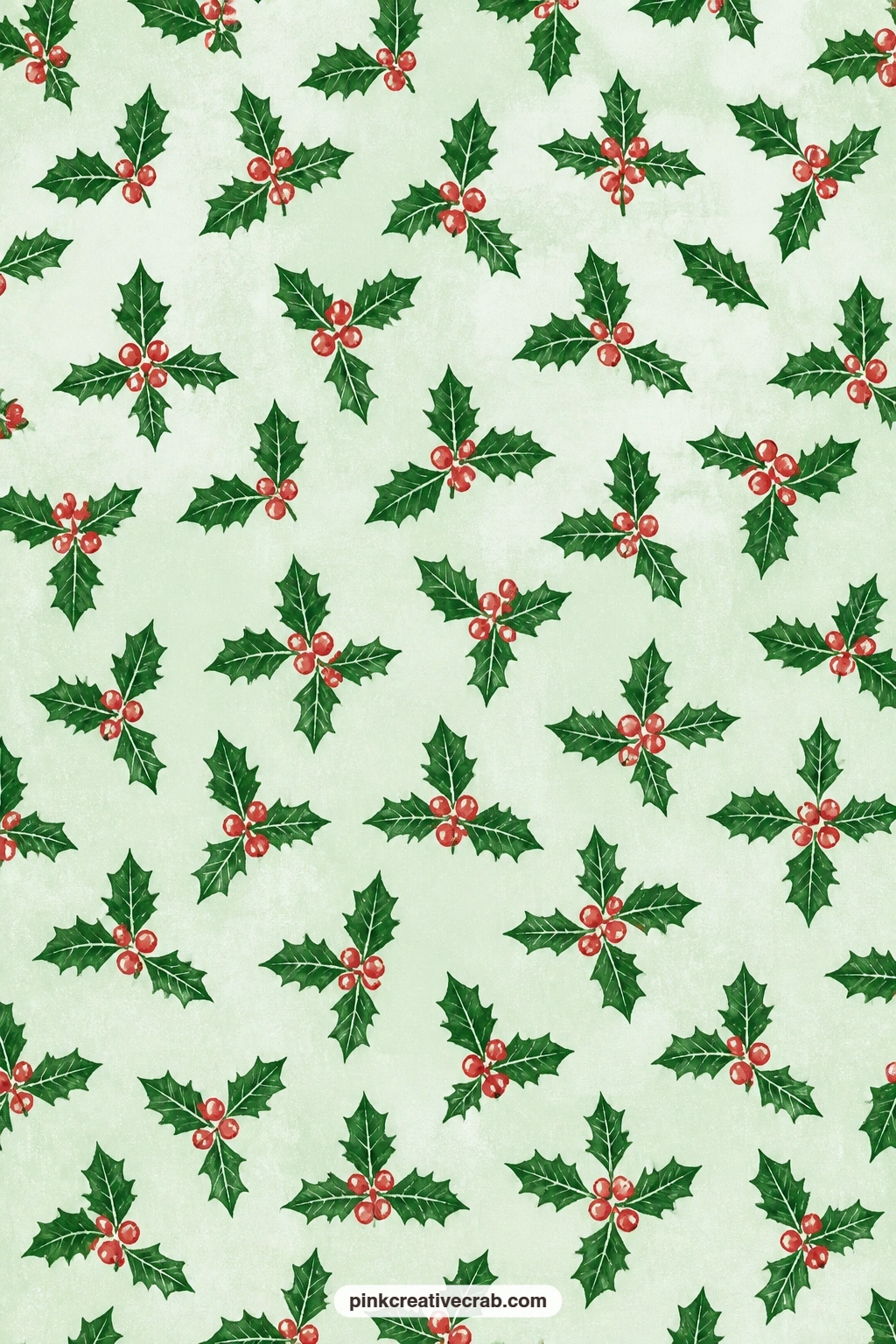 Holly and Berry Paper printable page — Deep green holly leaves with red berries on pale mint make a lively card mat behind a small gift tag sticker or a paper