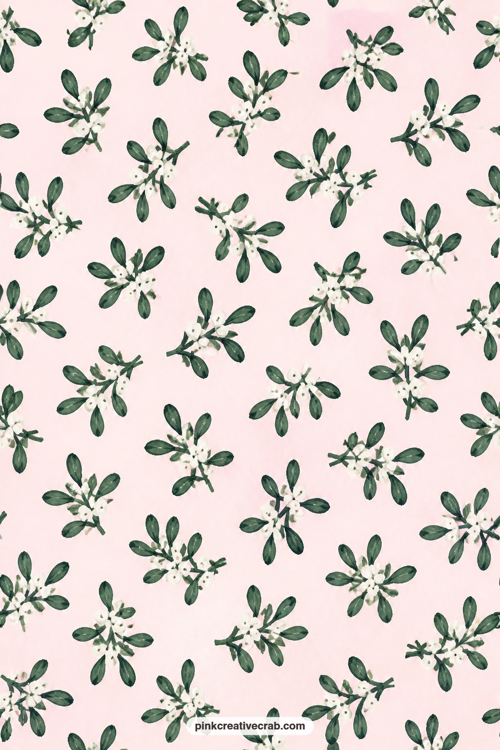 Mistletoe Sprig Paper printable page — Dark green mistletoe sprigs with white berries on pale pink bring a softer note, good as a folio cover for a handwritten