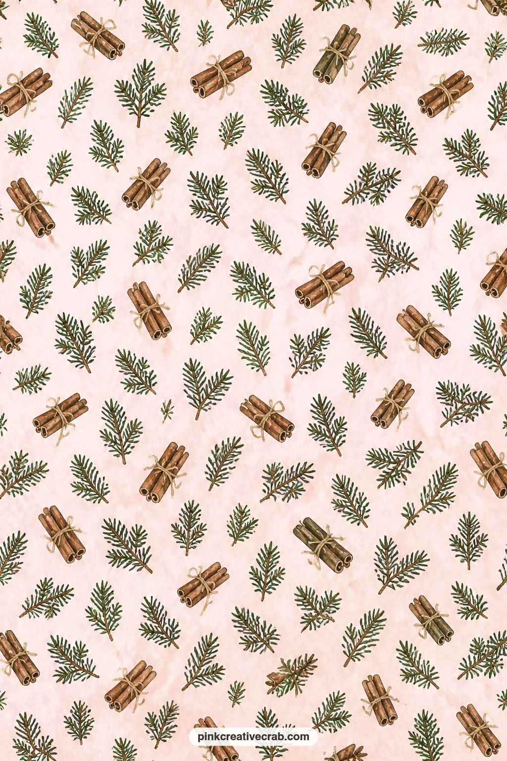 Cinnamon and Evergreen Paper printable page — Evergreen sprigs tucked beside cinnamon sticks on pale pink make a warm pocket lining for a recipe card or a