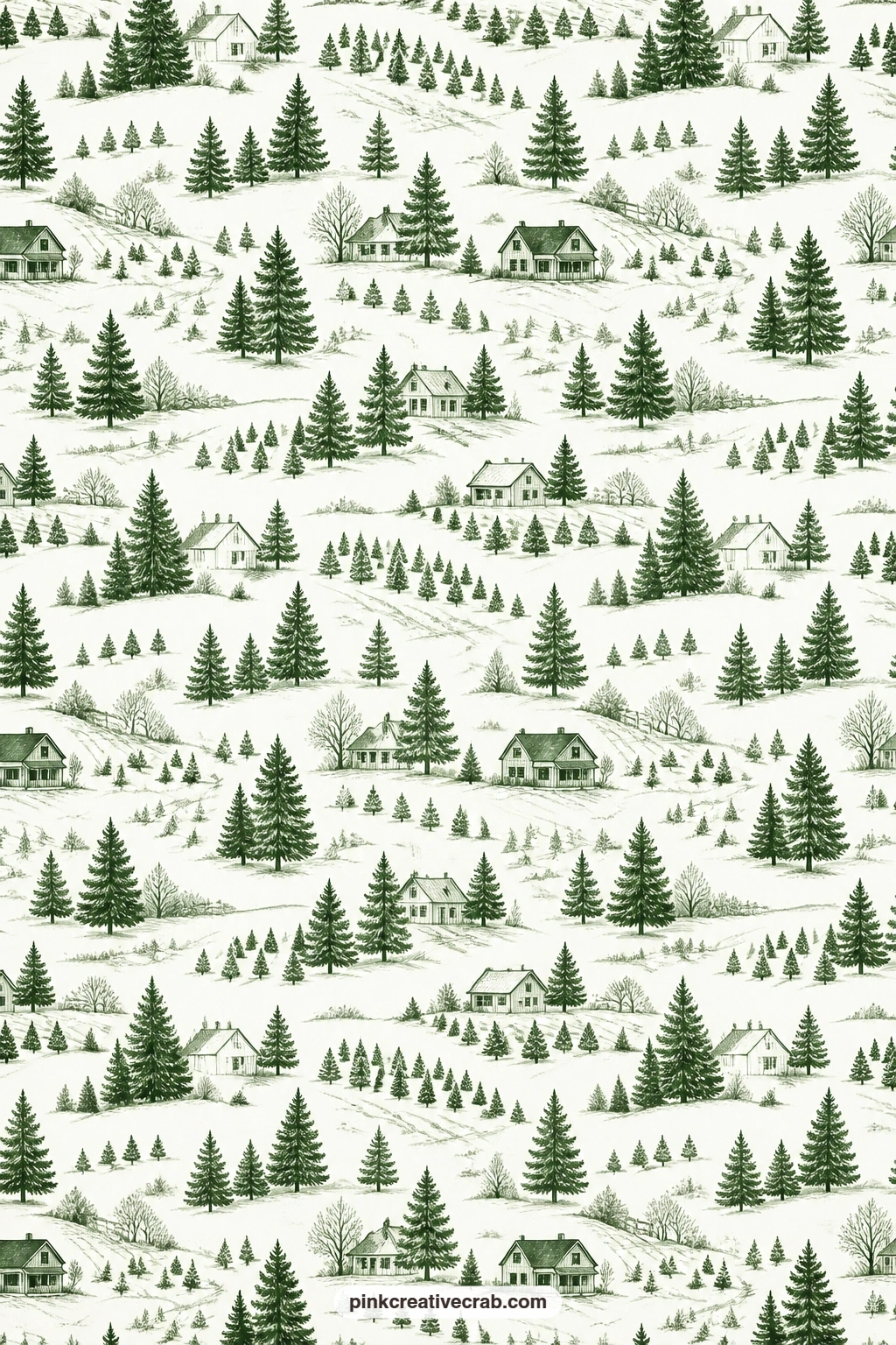 Tree Farm Toile Paper printable page — A deep green toile of Christmas tree farms on white suits a card mat behind a tiny vintage truck sticker or a cut paper