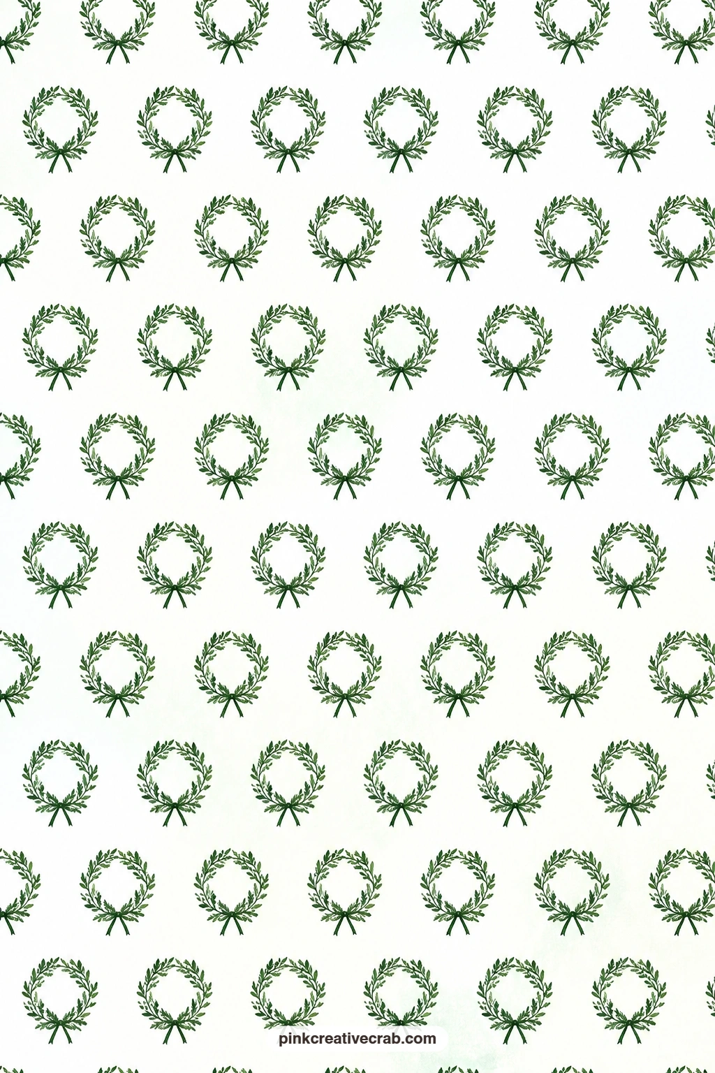 Wreath Grid Paper printable page — Evergreen wreaths line up in a grid on white, a clean envelope lining for a card that already has plenty going on inside.
