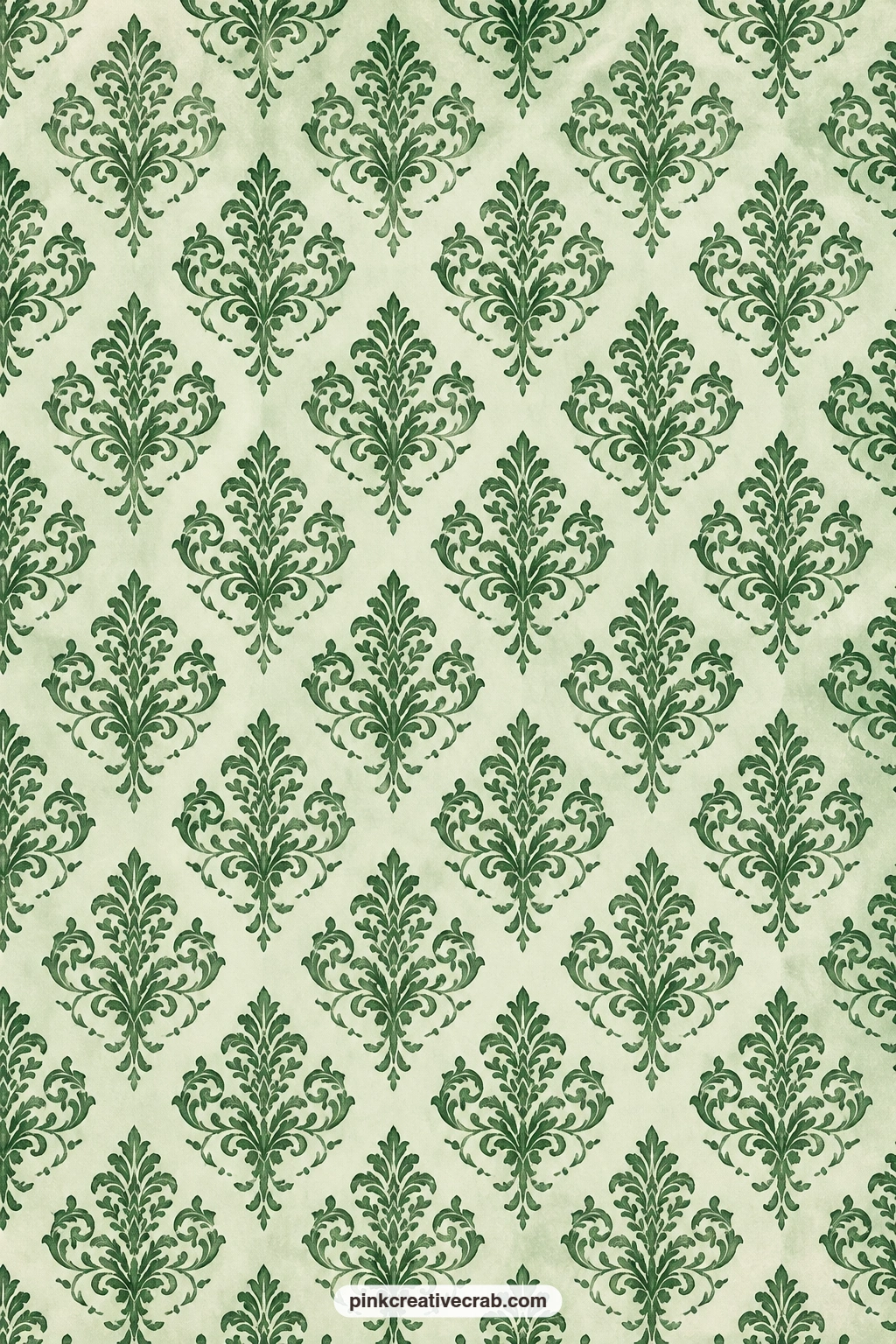 Damask Paper printable page — A dark green damask on pale sage gives a more formal card mat, good behind a cut paper monogram or a pressed leaf. Dark green