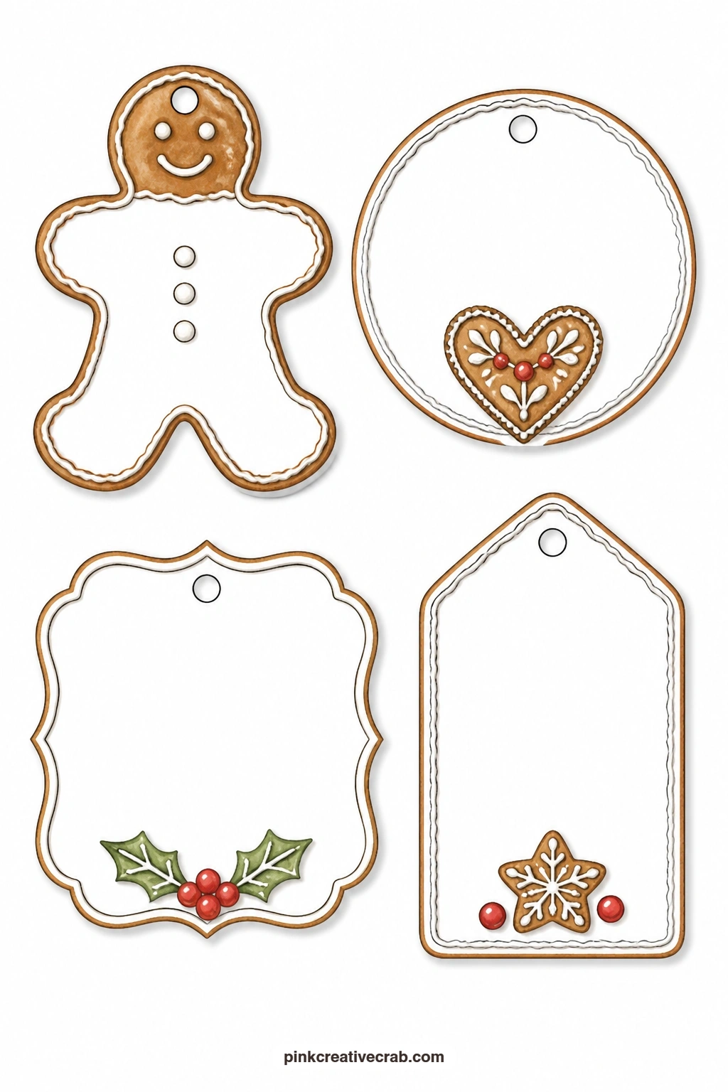 Gingerbread Man And Heart Tags printable page — The gingerbread man tag wears a row of white icing buttons down the front, ready for a name or a short message