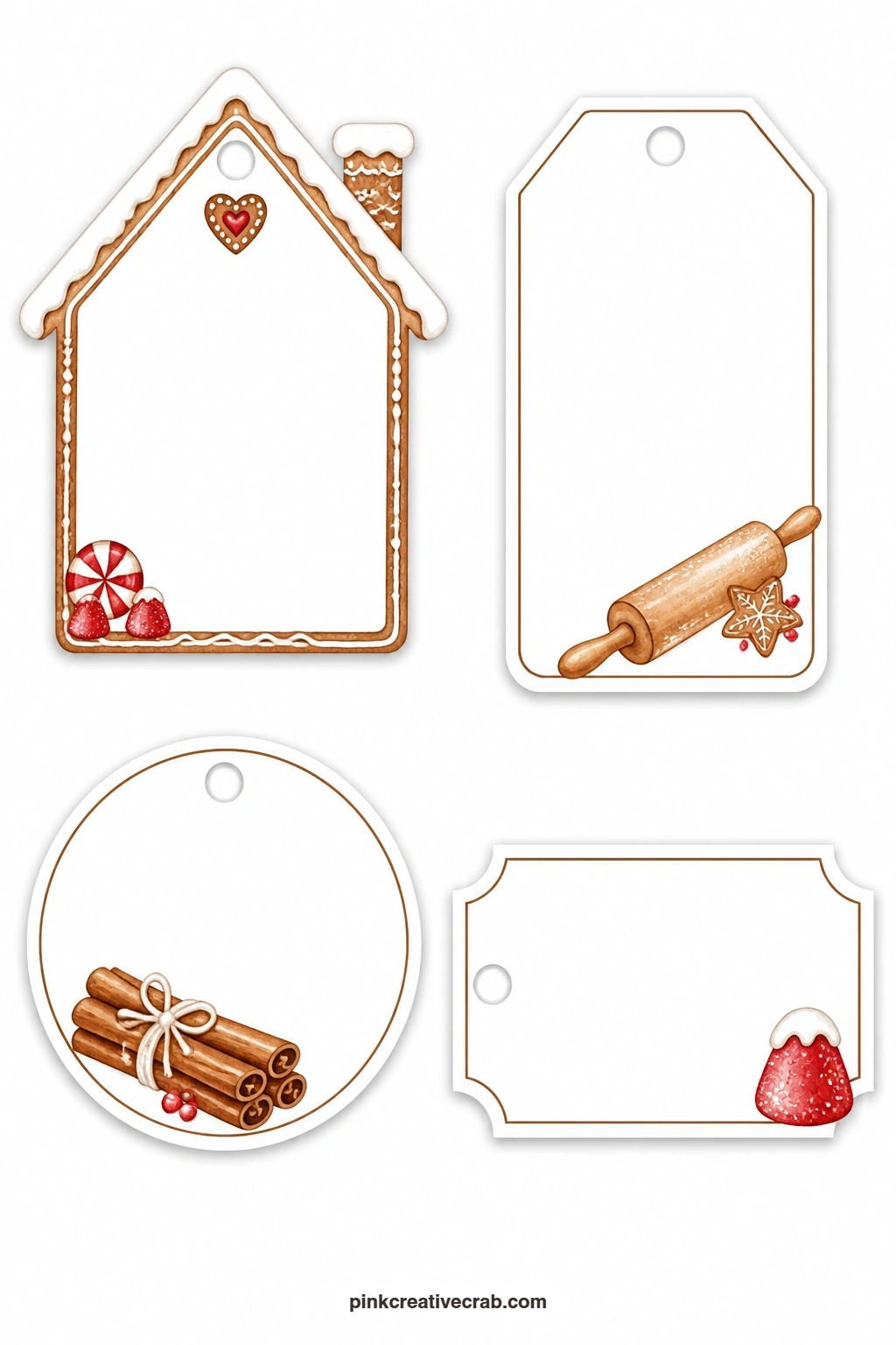Gingerbread House And Spice Tags printable page — A house-shaped tag with icing snow drifted along the roofline sits well on a tin of cookies meant for a