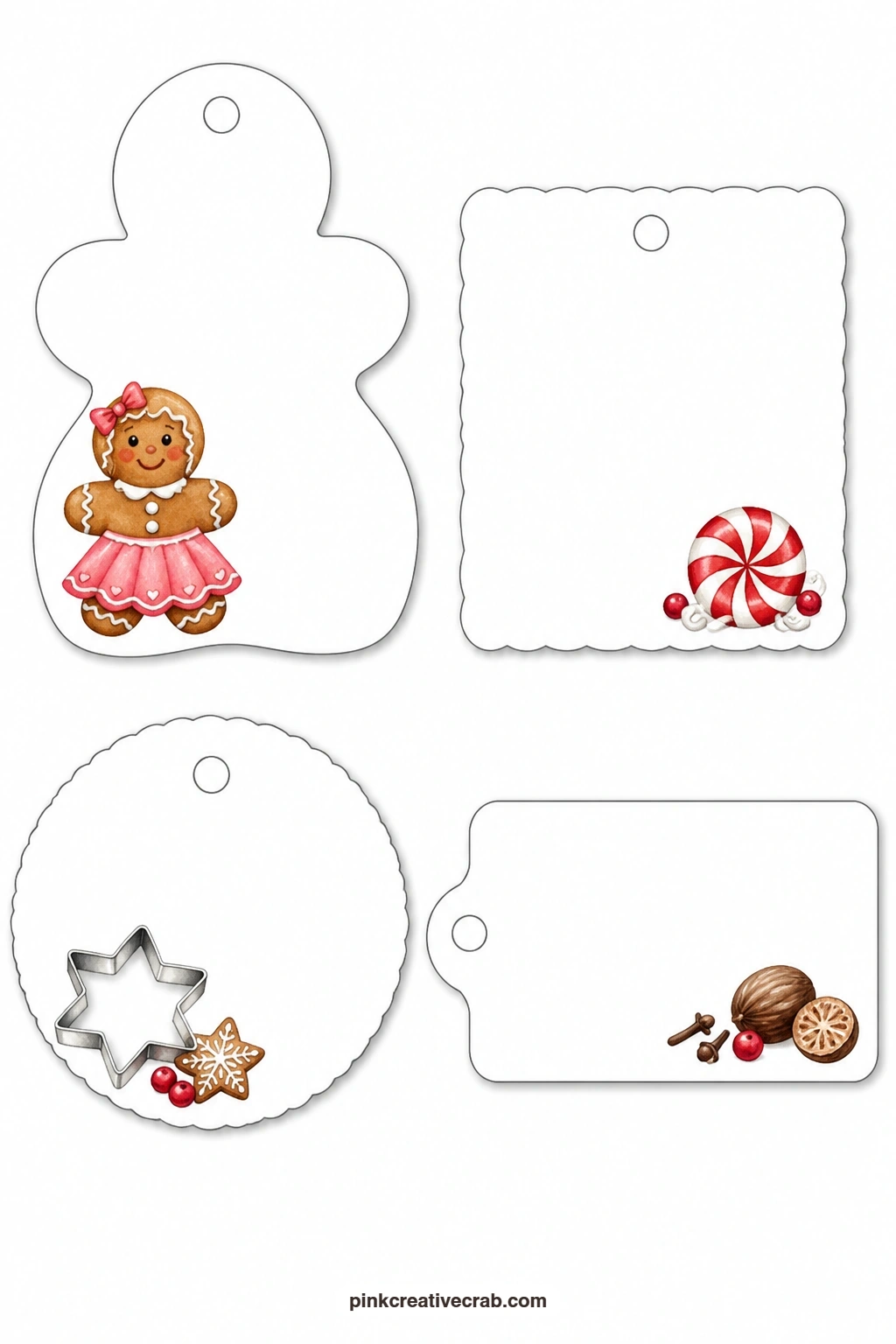 Gingerbread Girl And Spice Rack Tags printable page — Four tags share this sheet: a gingerbread girl tag in a pink icing skirt, a square tag with a peppermint