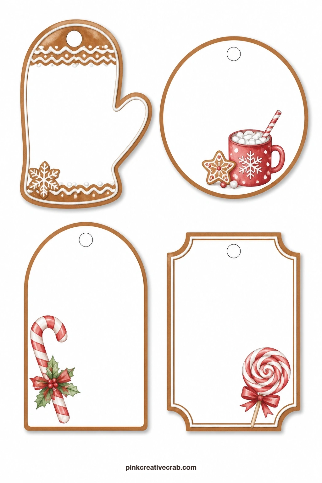Mitten And Candy Cane Tags printable page — Icing stripes run across the mitten-shaped gingerbread tag the way they would on an actual knitted mitten, giving
