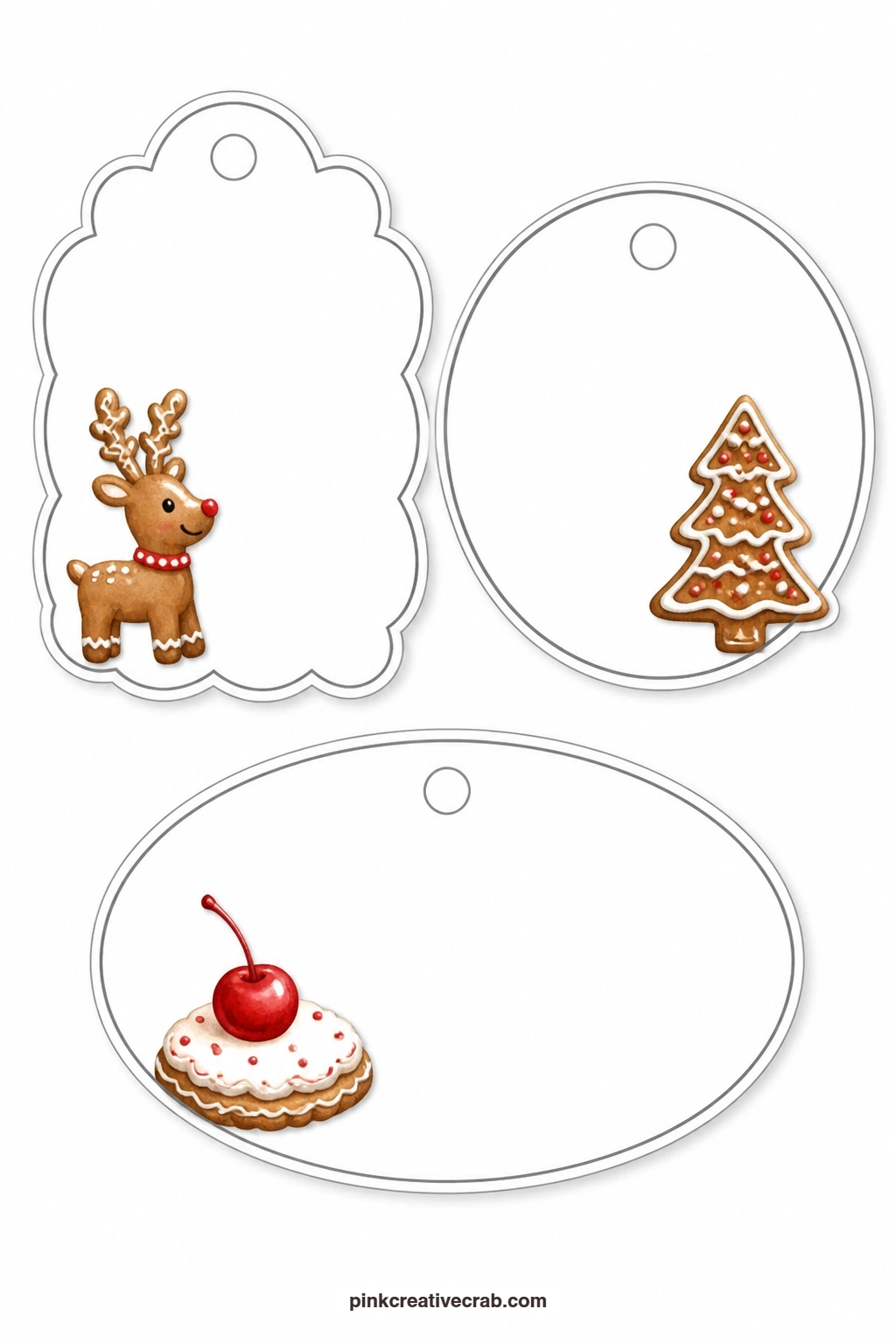 Reindeer And Gingerbread Tree Tags printable page — A scalloped tag carries a gingerbread reindeer, the round tag beside it shows a gingerbread tree dusted