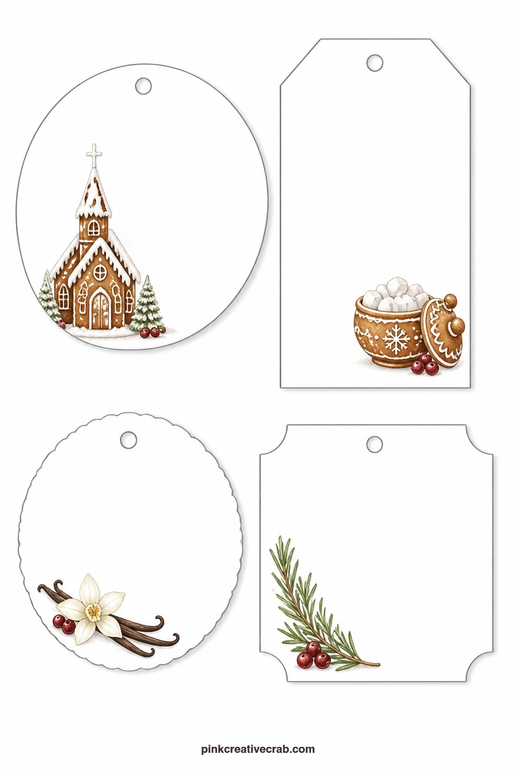 Church And Sugar Bowl Tags printable page — A circle label shows a small gingerbread church, quiet and detailed enough to sit on its own at the top of a card.