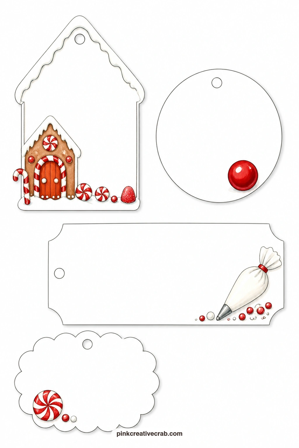 Candy Door House Tags printable page — The gingerbread house tag on this sheet has a bright candy door for color, the round tag shows a single red gumball, and